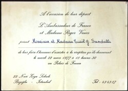 1977 Fransa Büyükelçisi ve Bayan Roger Vaurs dan Emil Galip Sandalcı ya Davetiye EFM(N)11501 - Gökçekoleksiyon