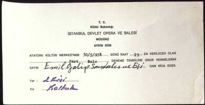 1978 İstanbul Devlet Opera Ve Balesi Aydın Günden Emil Galip Sandalcı ya Davetiye EFM(N)11495 - 1