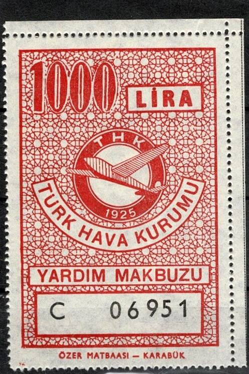 1980 Türk Hava Kurumu (THK) 1000 Lira Yardım Makbuzu Şefkat Pulu PPT2740 - 1