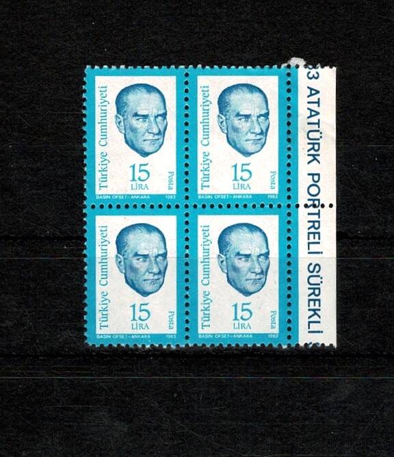 1983 Atatürk Portreli Sürekli Posta Pulu - 15 Lira (4’lü Blok / Kenarlı) PPT2572 - 1
