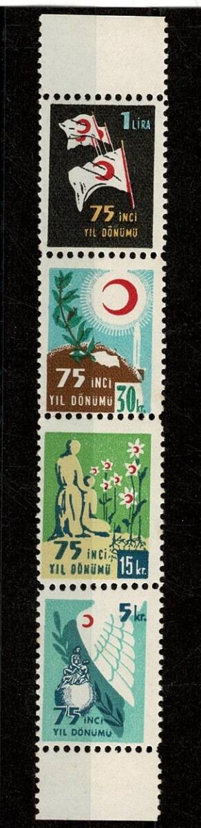 1952 Türkiye Kızılay Derneği 75. Yıl Dönümü 4'lü Tam Seri Pul - Dikey Şerit (MNH) PPT2433 - 1