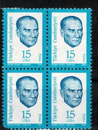 1983 Yeni Tip Atatürk Portreli Sürekli Posta Pulu - 15 Lira 4’lü Blok (MNH) PPT2981 - 1