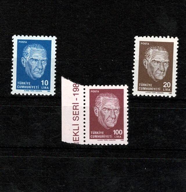 1985 Atatürk Portreli Sürekli Posta Pulu Lotu - 3 Adet Damgasız (MNH) PPT2519 - 1