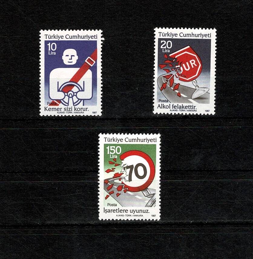 1987 Türkiye Cumhuriyeti Trafik Güvenliği Serisi Posta Pulları (3'lü Tam Takım, Damgasız / MNH) PPT2544 - 1