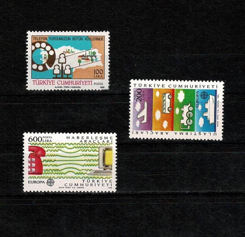 1988 Türkiye Cumhuriyeti Europa CEPT Haberleşme ve İletişim Posta Pulları (3 Adet, Damgasız / MNH) PPT2546 - 1