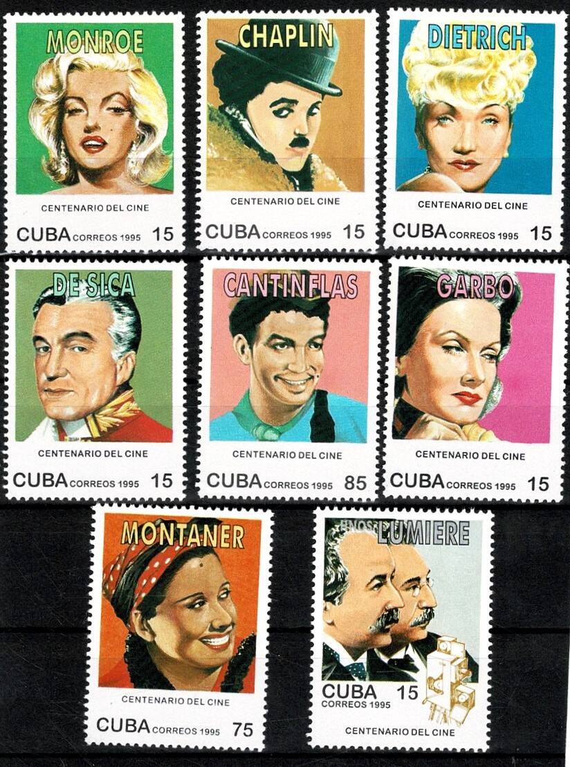 1995 Küba Sinemanın 100. Yılı Dünya Yıldızları Tam Seri 8'li Pul Lotu (MNH) - Marilyn Monroe - Charlie Chaplin - Rita Montaner PPT3040 - 1