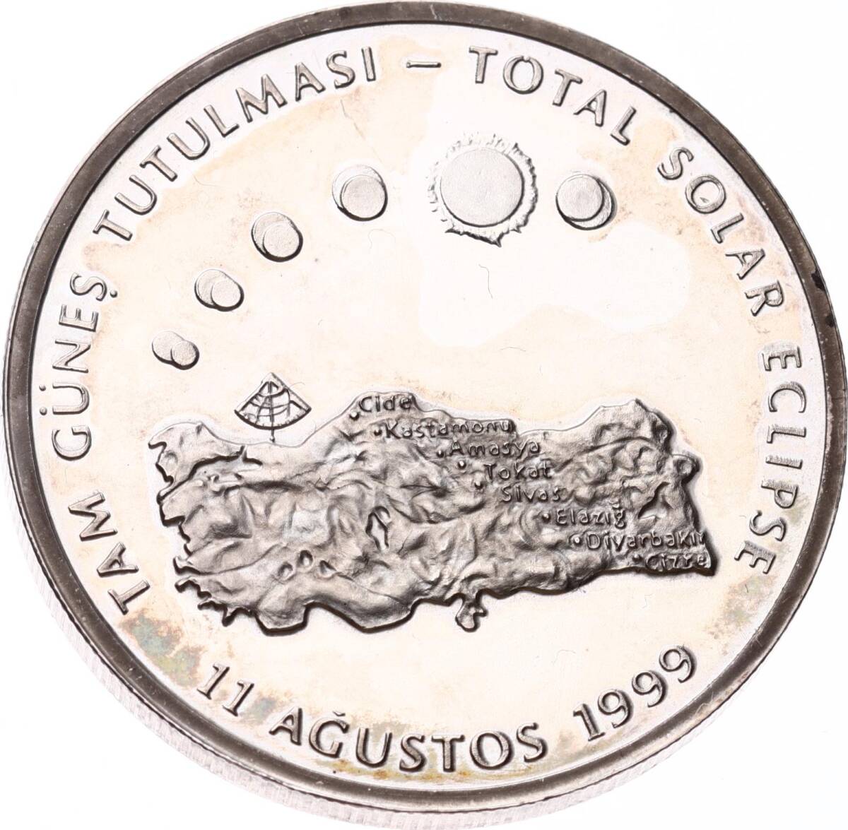 1999 - Tam Güneş Tutulması (1) Türkiye Haritası Gümüş Hatıra Para *Sertifikalı* TCH452 #222 - 1