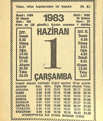 1Haziran 1983 Takvim Yaprağı - Doğum Günü Hediyesi EFM(N)12145 - Gökçekoleksiyon