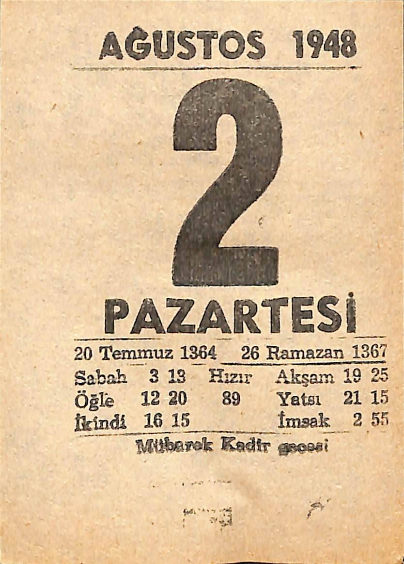 2 Ağustos 1948 Takvim Yaprağı - Doğum Günü Hediyesi EFMN14436 - 1
