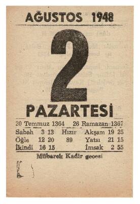 2 Ağustos 1948 Takvim Yaprağı EFM866 - 1