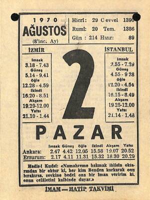 2 Ağustos 1970 Takvim Yaprağı - Doğum Günü Hediyesi EFM(N)9669 - 1