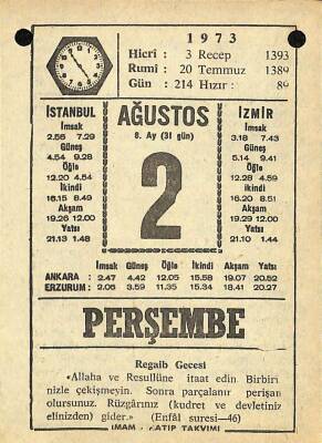 2 Ağustos 1973 Takvim Yaprağı - Doğum Günü Hediyesi EFM(N)10102 - 1