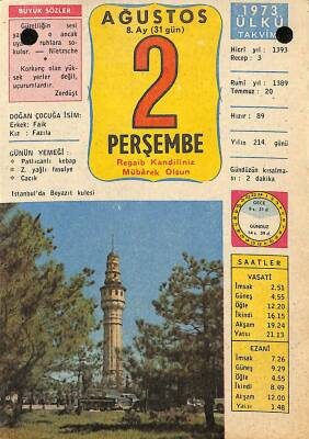 2 Ağustos 1973 Takvim Yaprağı - Doğum Günü Hediyesi EFM(N)9618 - 1