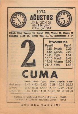 2 Ağustos 1974 Takvim Yaprağı EFM(N)2222 - 3