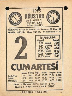 2 Ağustos 1975 Takvim Yaprağı - Doğum Günü Hediyesi EFM(N)9638 - 2