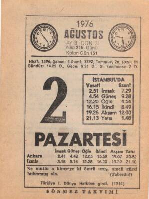 2 Ağustos 1976 Takvim Yaprağı EFM(N)2223 - 2