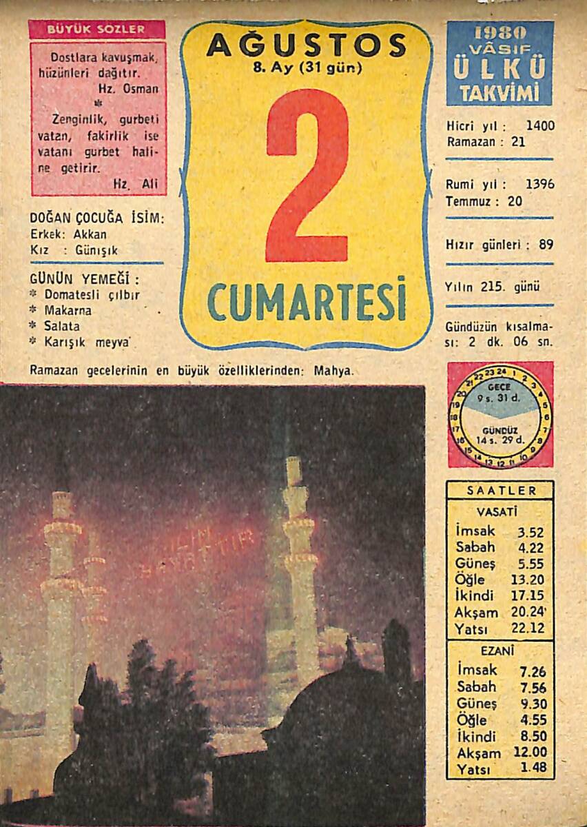 2 Ağustos 1980 Takvim Yaprağı - Doğum Günü Hediyesi EFMN15656 - 1