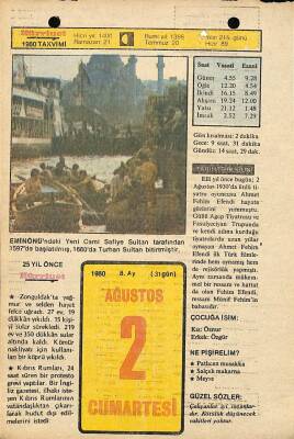 2 Ağustos 1980 Takvim Yaprağı - Doğum Günü Hediyesi EFM(N)9556 - 1