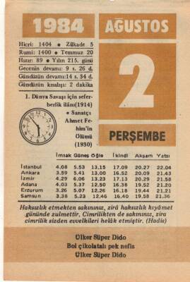 2 Ağustos 1984 Takvim Yaprağı EFM(N)2224 - 2