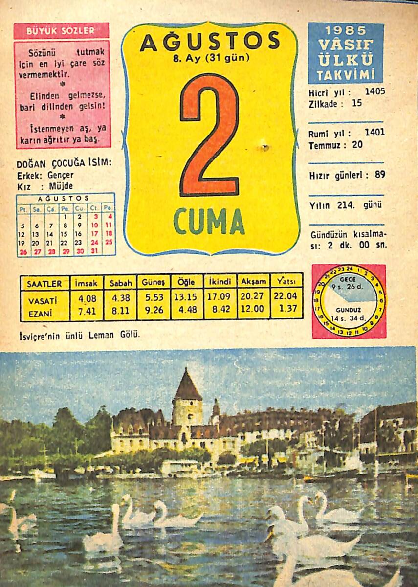 2 Ağustos 1985 Takvim Yaprağı - Doğum Günü Hediyesi EFMN13967 - 1