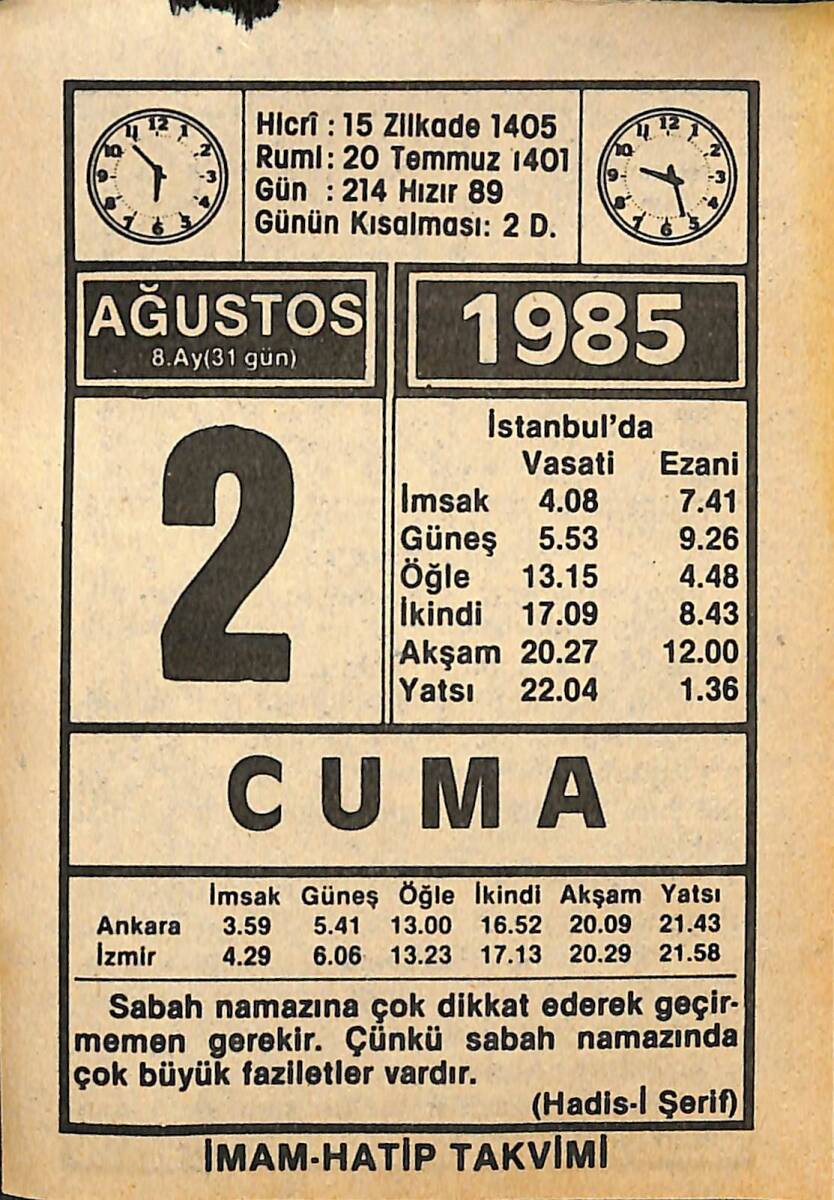 2 Ağustos 1985 Takvim Yaprağı - Doğum Günü Hediyesi EFMN15711 - 1