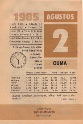 2 Ağustos 1985 Takvim Yaprağı EFM(N)2225 - 3