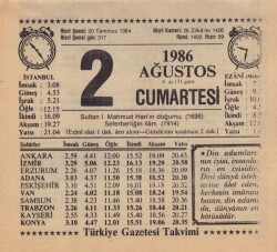 2 Ağustos 1986 Takvim Yaprağı EFM(N)2226 - 2