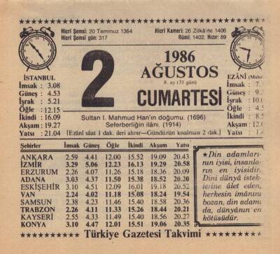 2 Ağustos 1986 Takvim Yaprağı EFM(N)2226 - 2