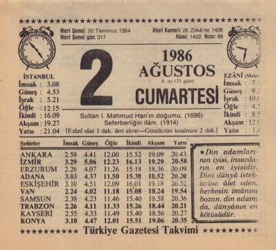 2 Ağustos 1986 Takvim Yaprağı EFM(N)2226 - 1
