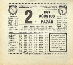 2 Ağustos 1987 Takvim Yaprağı - Doğum Günü Hediyesi EFMN13845 - Gökçekoleksiyon
