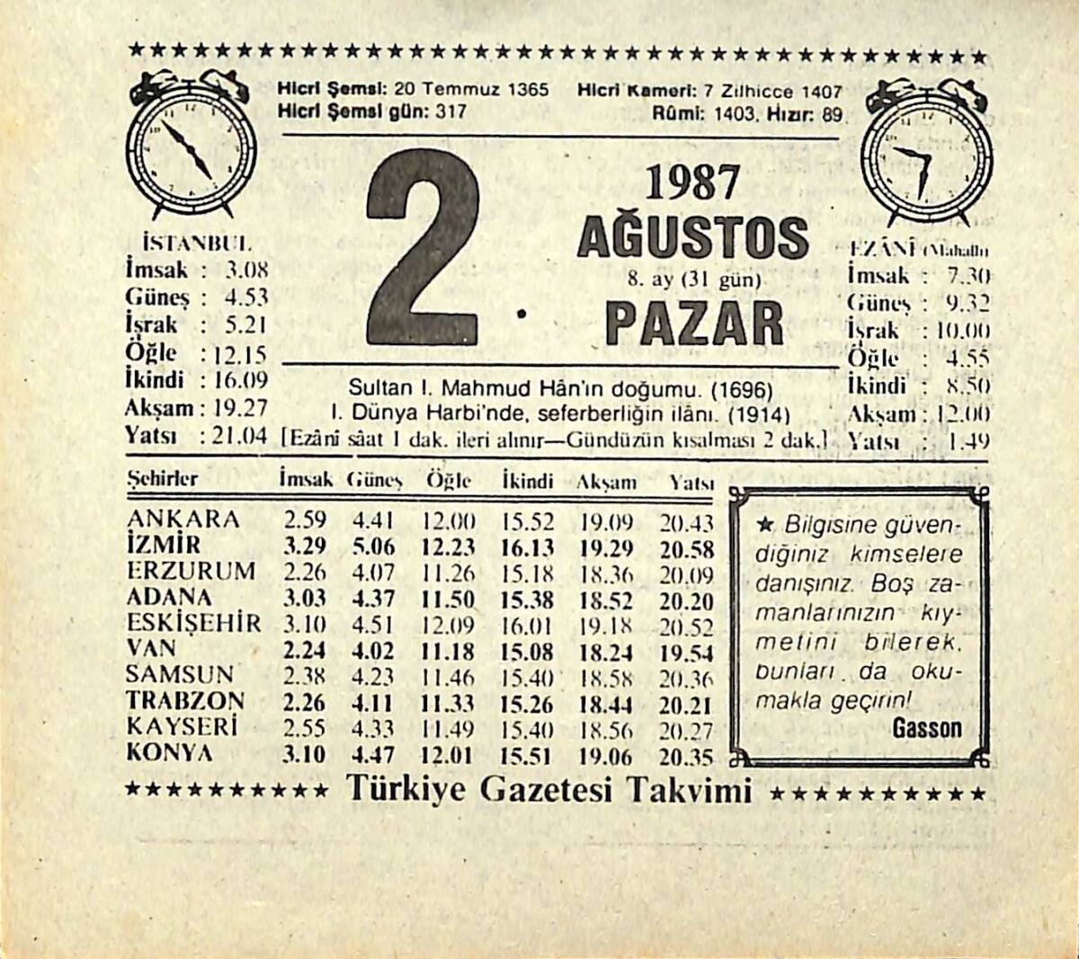 2 Ağustos 1987 Takvim Yaprağı - Doğum Günü Hediyesi EFMN13845 - 1