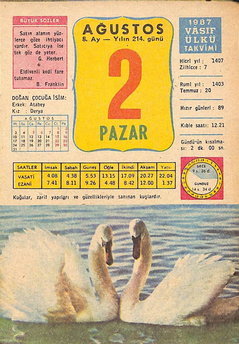 2 Ağustos 1987 Takvim Yaprağı - Doğum Günü Hediyesi EFMN15389 - 1