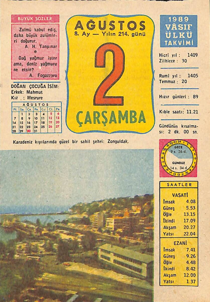 2 Ağustos 1989 Takvim Yaprağı - Doğum Günü Hediyesi EFMN13502 - 1