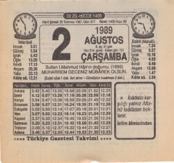 2 Ağustos 1989 Takvim Yaprağı EFM(N)2228 - 2