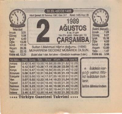 2 Ağustos 1989 Takvim Yaprağı EFM(N)2228 - 2