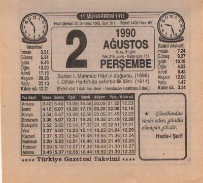2 Ağustos 1990 Takvim Yaprağı EFM(N)2229 - 2