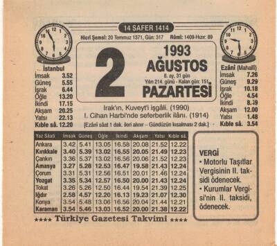 2 Ağustos 1993 Takvim Yaprağı EFM(N)2230 - 2