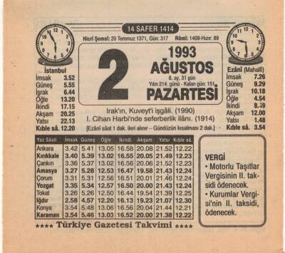 2 Ağustos 1993 Takvim Yaprağı EFM(N)2230 - 1