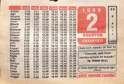 2 Ağustos 1999 Takvim Yaprağı - Doğum Günü Hediyesi EFMN14054 - Gökçekoleksiyon