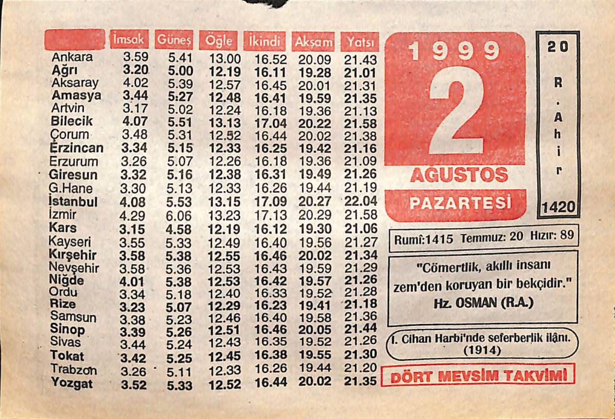 2 Ağustos 1999 Takvim Yaprağı - Doğum Günü Hediyesi EFMN14054 - 1
