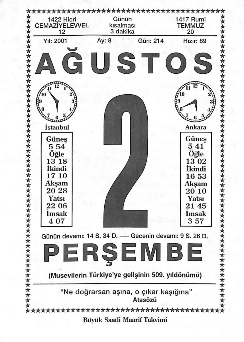 2 Ağustos 2001 Takvim Yaprağı - Doğum Günü Hediyesi EFMN14228 - 1