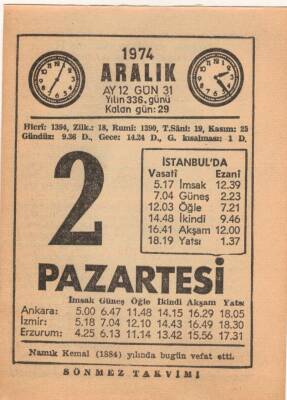 2 Aralık 1974 Takvim Yaprağı EFM(N)4284 - 1