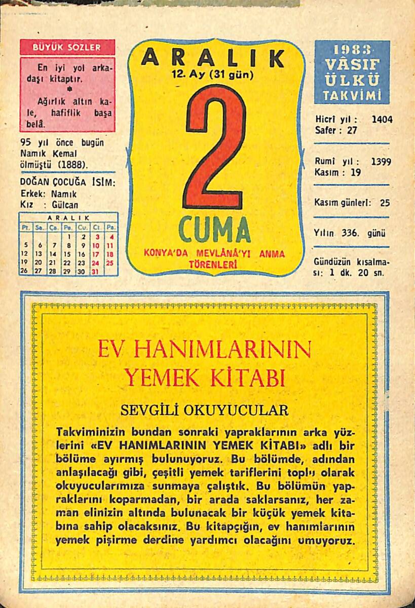 2 Aralık 1983 Takvim Yaprağı - Doğum Günü Hediyesi EFMN14693 - 1