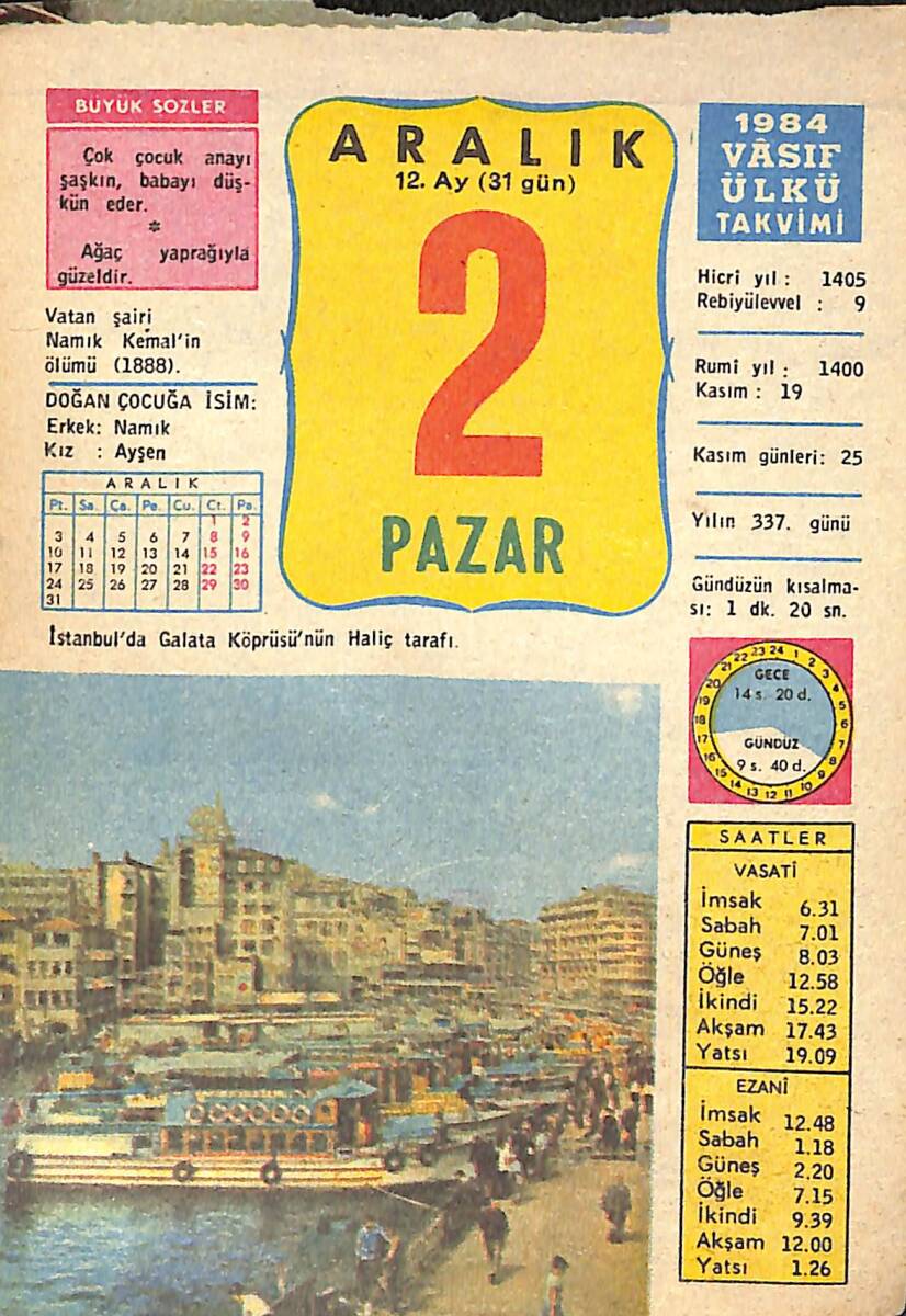 2 Aralık 1984 Takvim Yaprağı - Doğum Günü Hediyesi EFMN14779 - 1