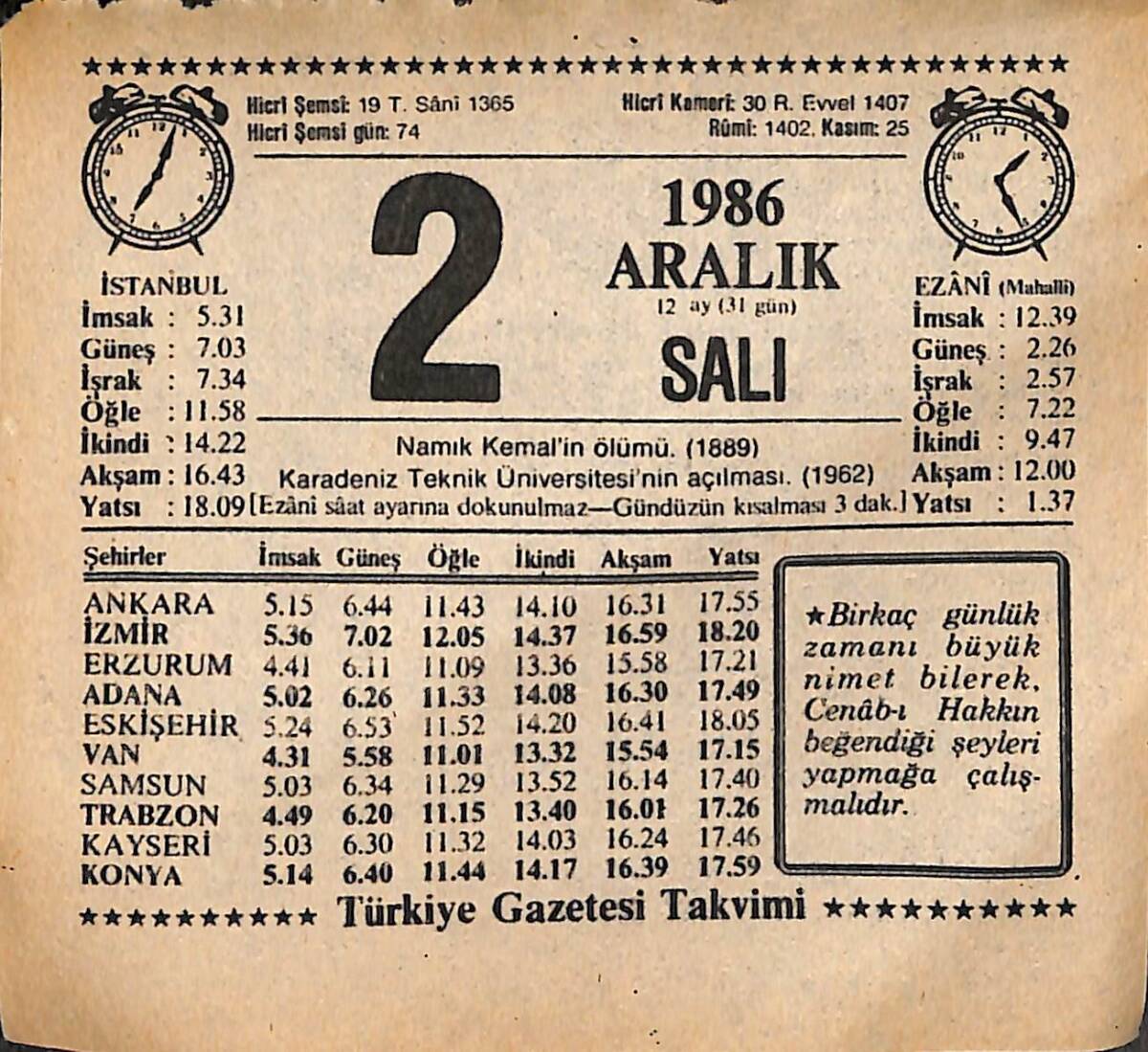 2 Aralık 1986 Takvim Yaprağı - Doğum Günü Hediyesi EFMN14781 - 1