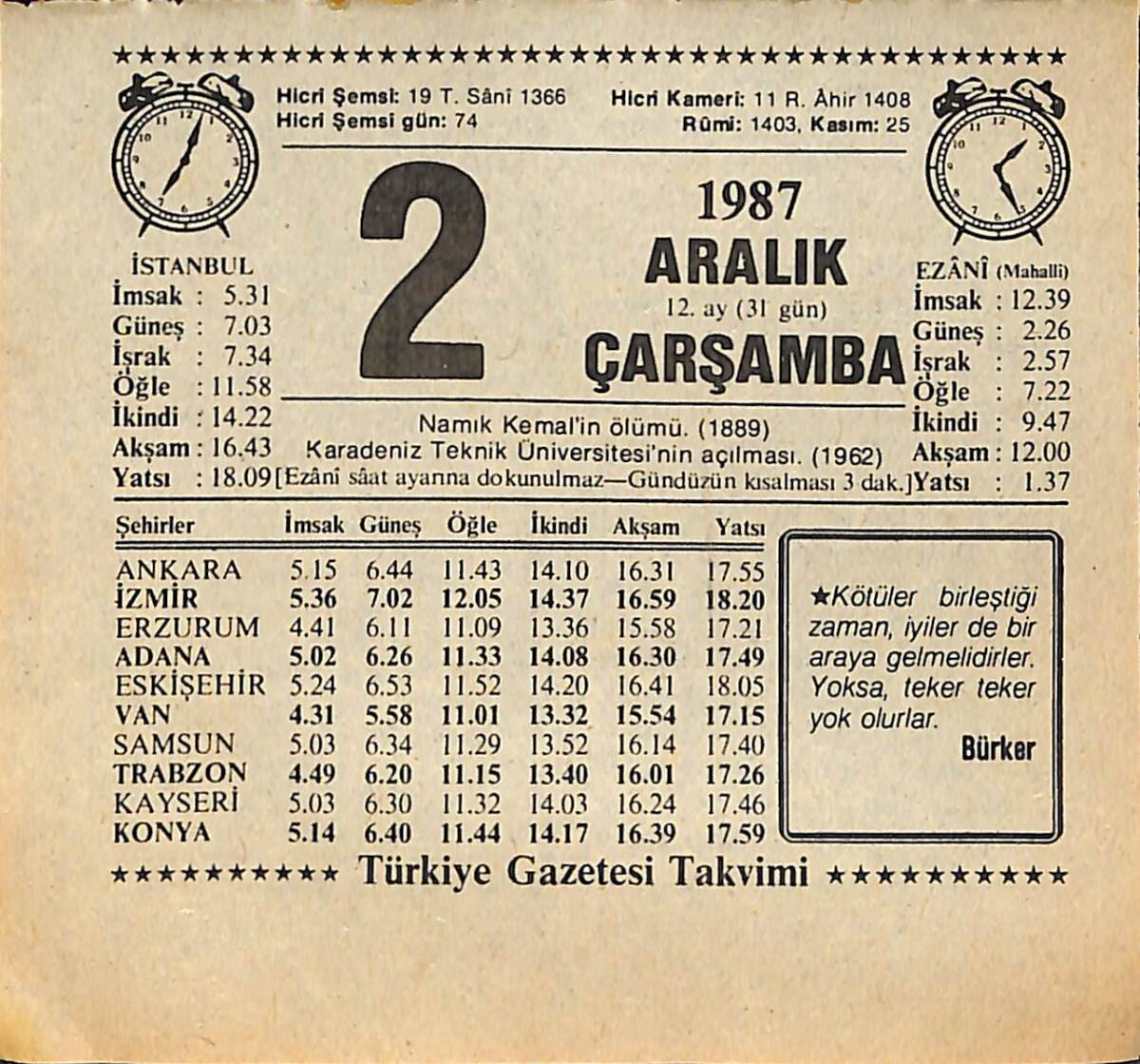 2 Aralık 1987 Takvim Yaprağı - Doğum Günü Hediyesi EFMN15009 - 1