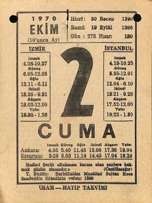 2 Ekim 1970 Takvim Yaprağı - Doğum Günü Hediyesi EFM(N)10531 - 3