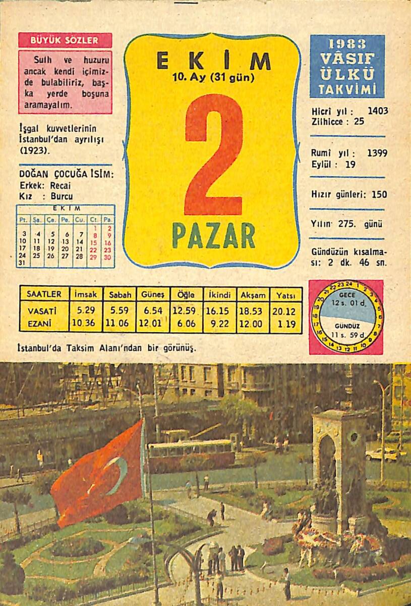 2 Ekim 1983 Takvim Yaprağı - Doğum Günü Hediyesi EFMN14745 - 1