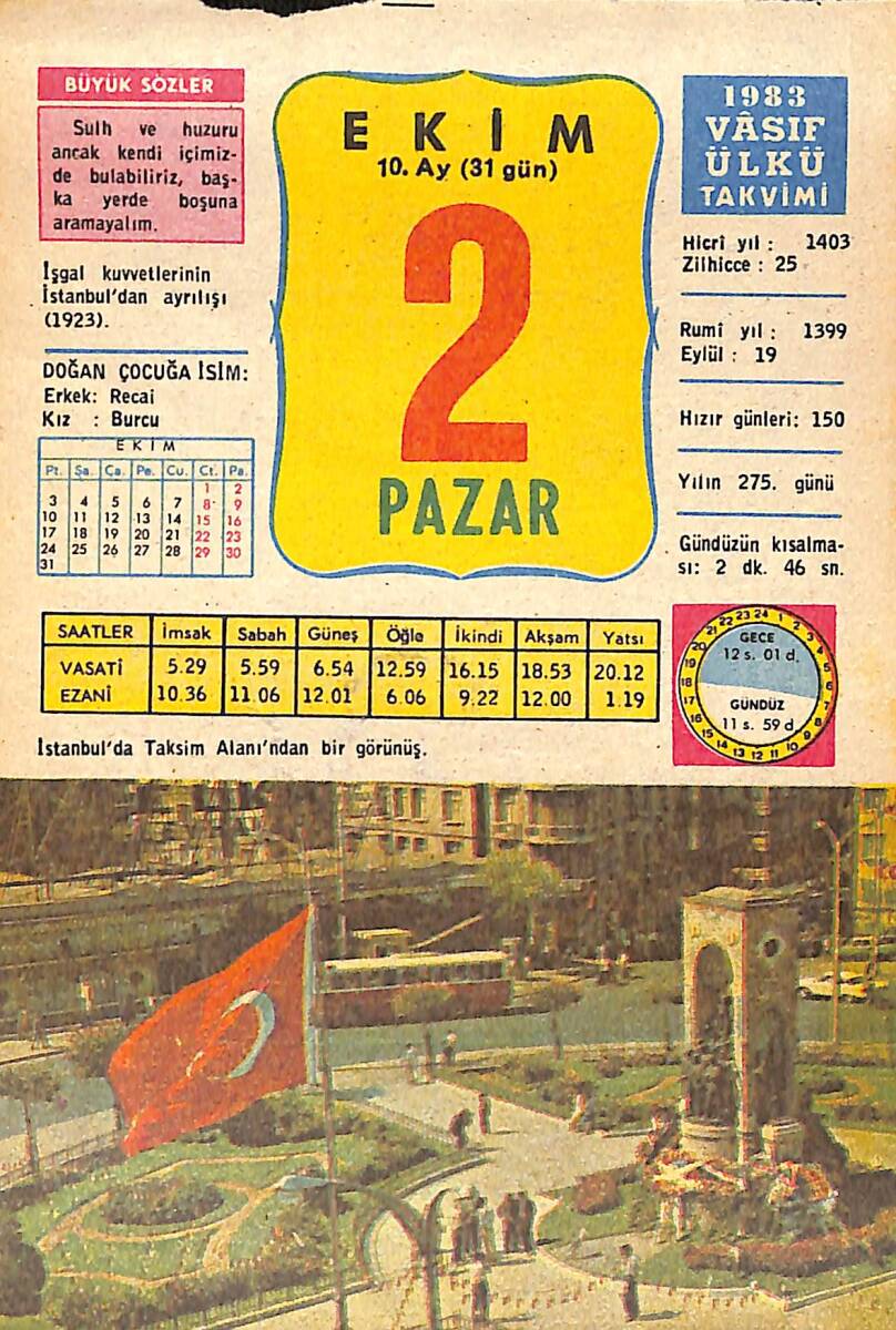 2 Ekim 1983 Takvim Yaprağı - Doğum Günü Hediyesi EFMN15900 - 1