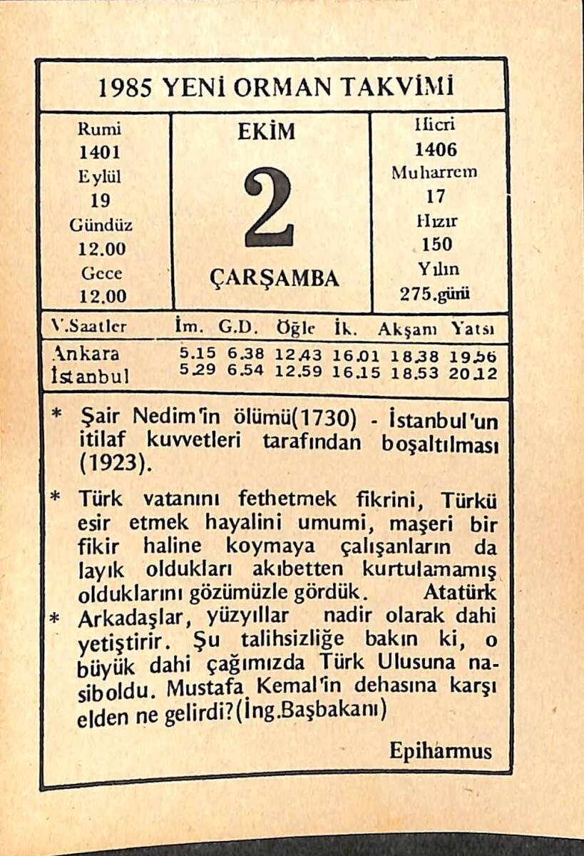 2 Ekim 1985 Takvim Yaprağı - Doğum Günü Hediyesi EFMN14967 - 1